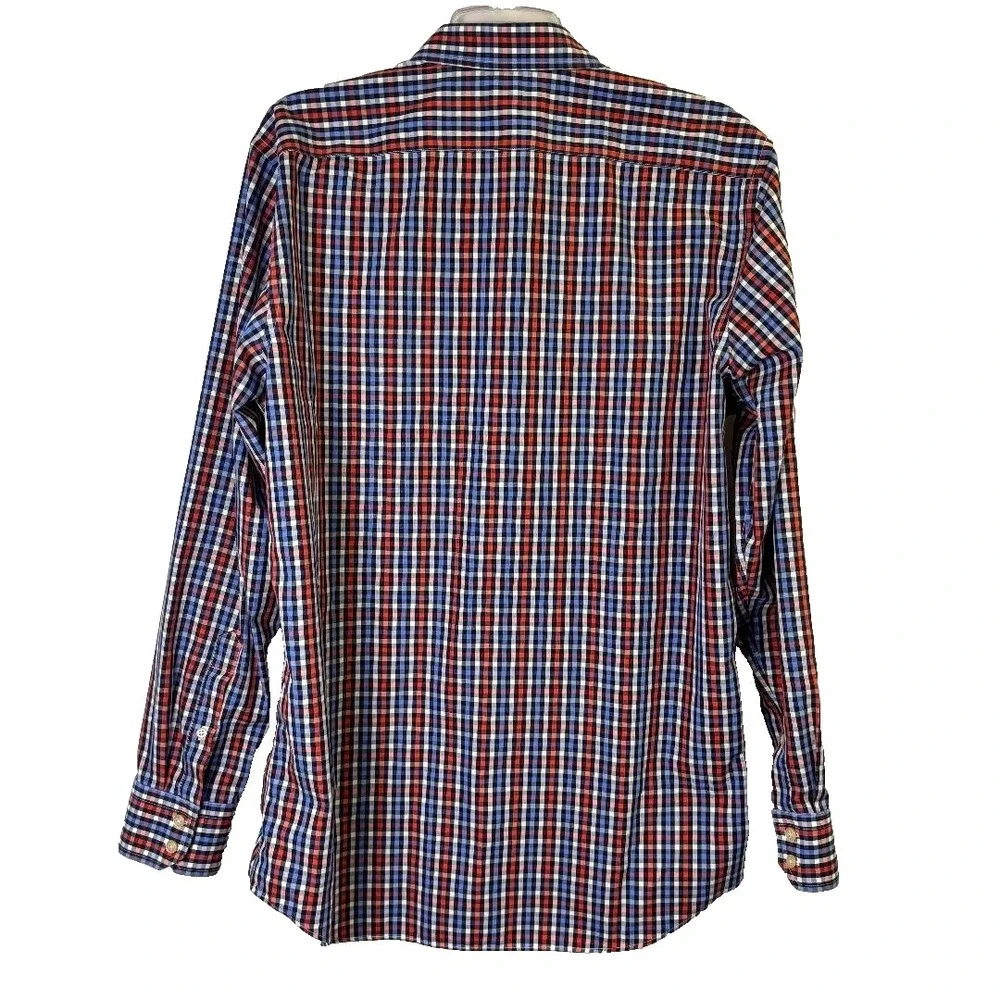 Banana Republic Non-Iron Slim Fit Plaid Shirt Mens Large Blue Red Cotton Preppy